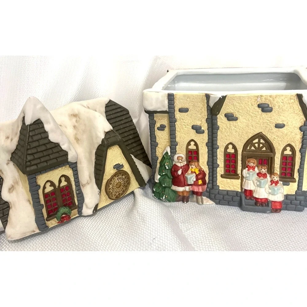 Vintage Christmas Church Cookie Jar Hand Painted Ceramic Carolers Snow Covered
